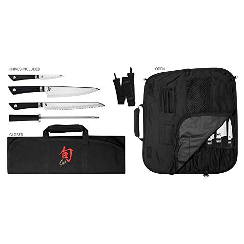 Shun Sora 5-Piece Student Set Including Stainless Steel Chef's 3.5 Paring, 9-Inch Bread, Honing Steel and 8-Slot, Black Nylon Knife Roll for Carrying Convenience