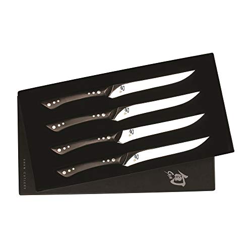 Shun Shima 4-Piece Steak Knife Set, Model DMS0430; Graceful Design, Razor-Sharp, Durable, Balanced, Fine-Edge High-Carbon Japanese Stainless Steel Blades with Elegant Ebony PakkaWood Handle