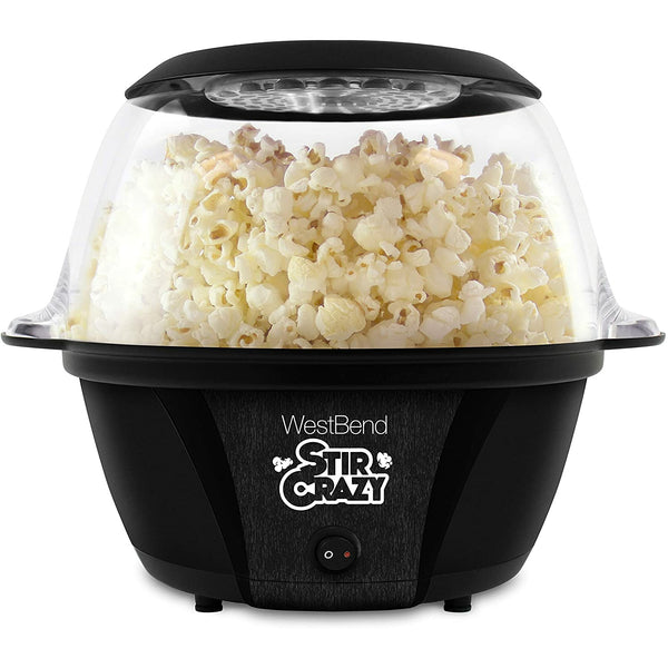 West Bend 82707B Stir Crazy Electric Hot Oil Popcorn Popper Machine with Stirring Rod with Improved Butter Melting Offers Large Lid for Serving Bowl and Convenient Storage, 6-Quart, Black